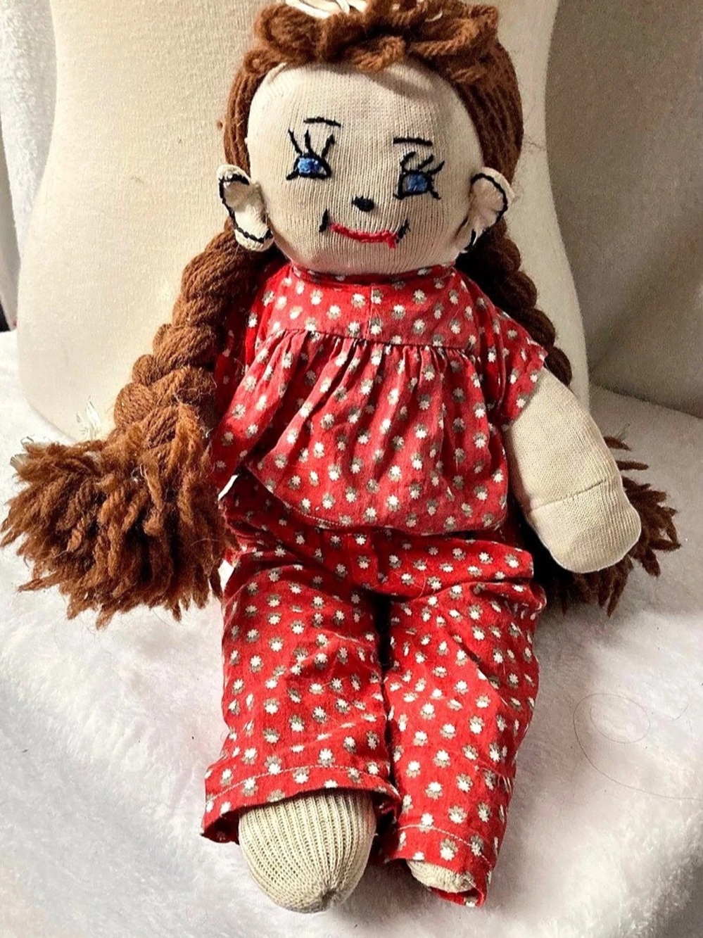 Handmade Cloth Doll in Red Floral Outfit